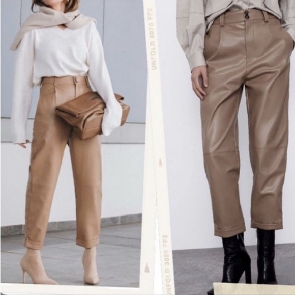 Zara Faux Leather Tan Trouser Pants Contemporary Modern Minimalist - Picture 3 of 9